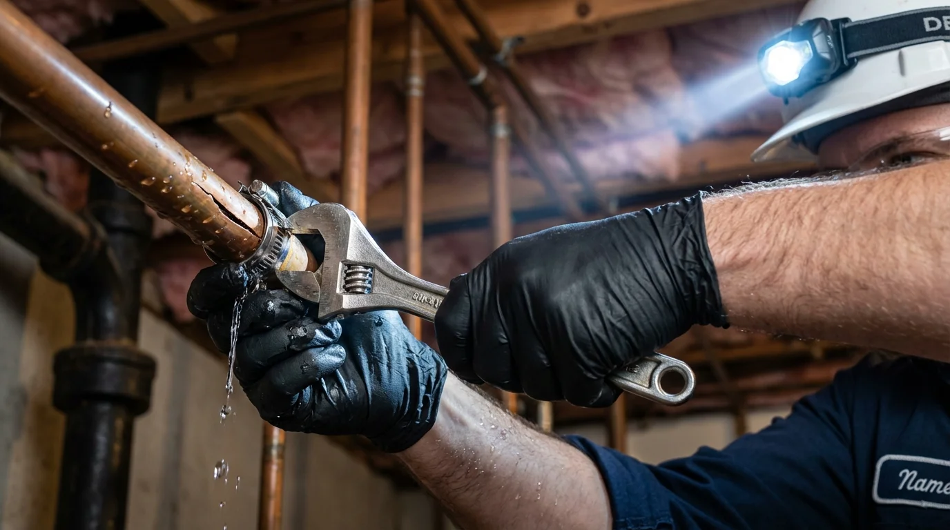 Emergency pipe clamp repair being performed by a Johns Plumbing LLC plumber in Wilmore