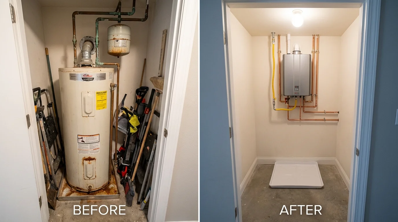 Tank water heater versus wall-mounted tankless unit comparison for Wilmore, KY homeowners
