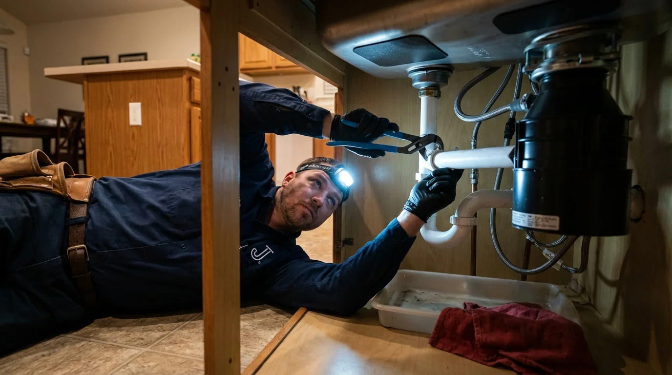 P-trap and supply line connections under a kitchen sink showing a common leak point in Wilmore, KY